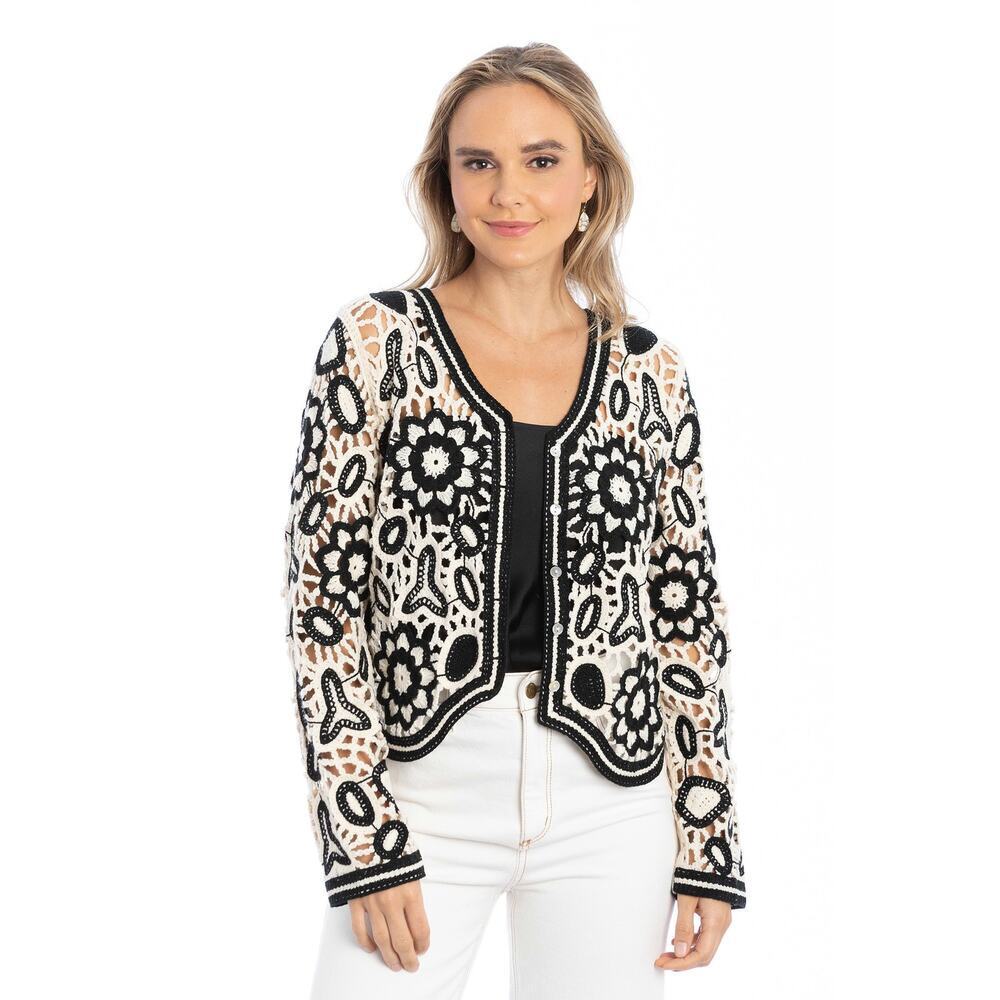 Saachi Open Knit Floral Lace Crochet Short Cardigan Jacket One Size Boho